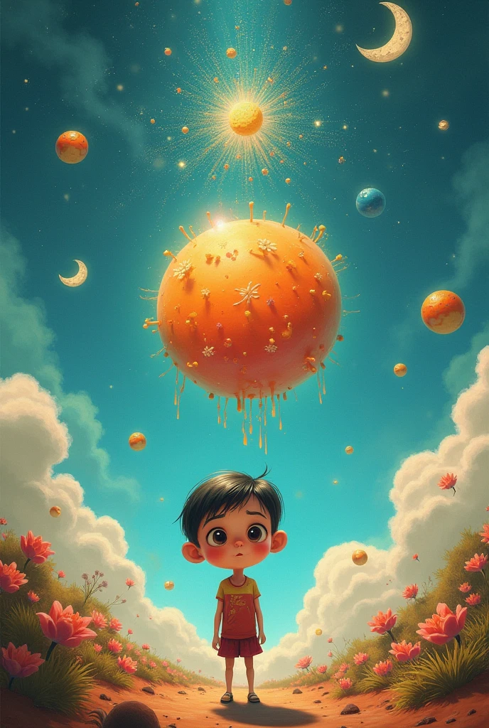 Create a children's planet with a child's face to be a book logo with the name Creative World