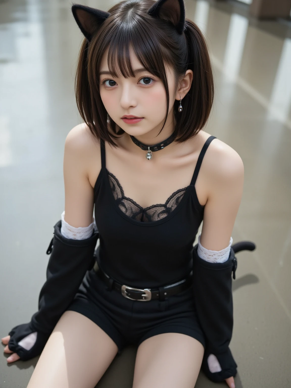 (8k、Top image quality、top-quality、Accurate human body、Detailed people、Correct five-finger、4K - ultra-vivid、highest quality, masterpiece, Ultra-high resolution, Detailed Background、The perfect background、
Oily skin, Sparkling Skin、Realistic skin texture、Detailed beautiful skin、Shiny skin、Glowing Skin,
masterpiece)、
1 girl in、Black hair twintails、short-hair、waved hair、blunt bangs、Purple eyes、expressionless、piercingoderately breasts、Pink ruffled clothing、off shoulder strapless、Black miniskirt、((Fishnet tights))、platform leather shoes、squatting、
(((Dim lighting、Neon light light))),(Sit on a big black sofa、She looked up as if she was sticking close to me.、Night round:1.2, lounge girl:1.3, Sit right next to me:1.3, POV:1.2, drink alcohol)、(Drunk red face、drunk:1.3、mesugaki:1.3, ahegao:1.3)