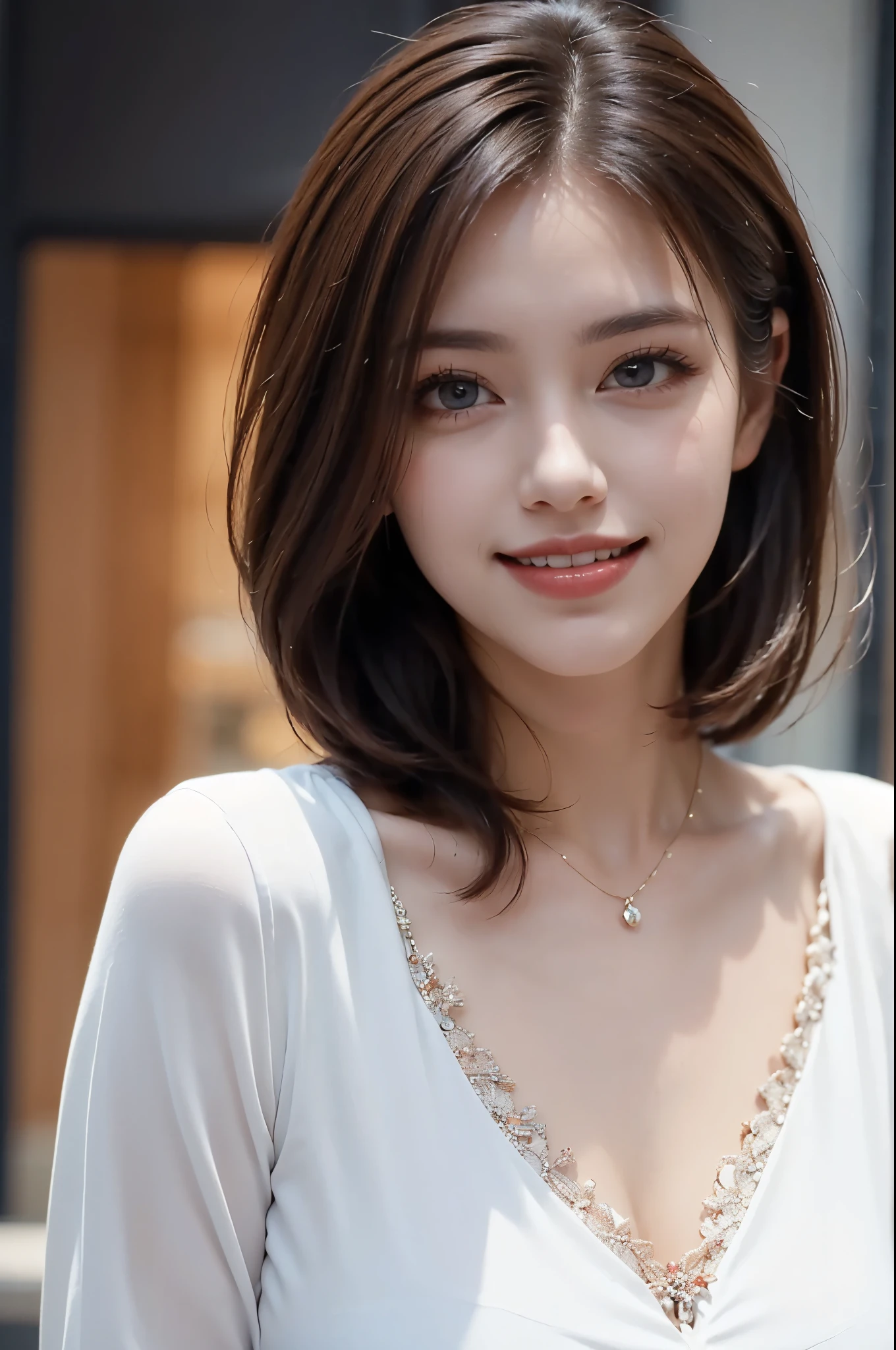 ((masterpiece)), ((Highest quality)), ((Complex)), ((Surreal)), (Realistic), (Mature Woman), ((There are no classes)), Very detailed, (1 female), Beautiful and exquisite, (Beautiful Teeth), Grin, Brunette Bob Hair, Brown eyes, ((blouse)), (Upper Body), (background:none), Perfect Eyes, Captivating eyes, Looking at the audience