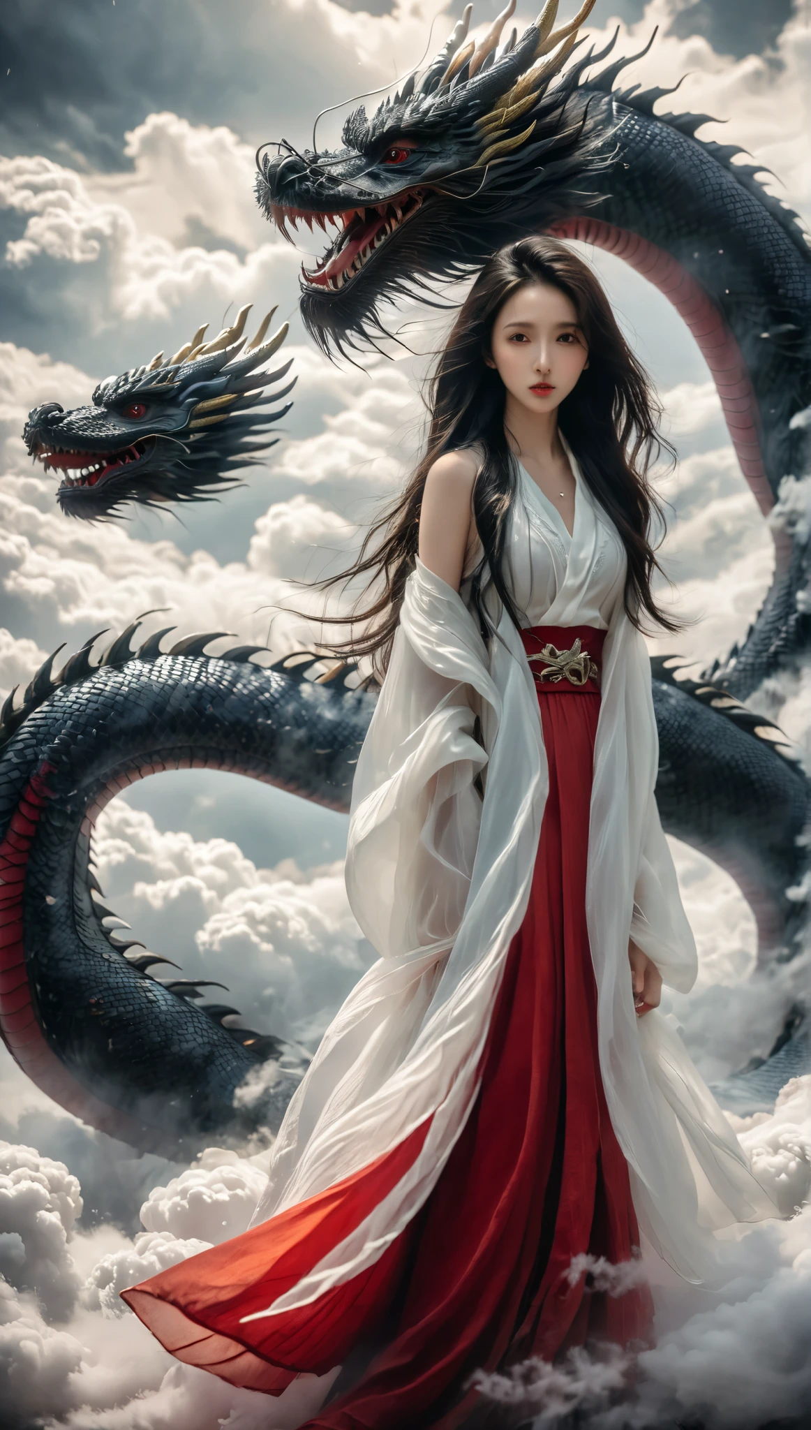 1 girl, unique , whole body, long hair, Chest, looks at the audience, dark hair , Red Skirt, Shut up, Standing, cloud, Lips, cloudy, Invalid, White Dragon,Dragon CB ,