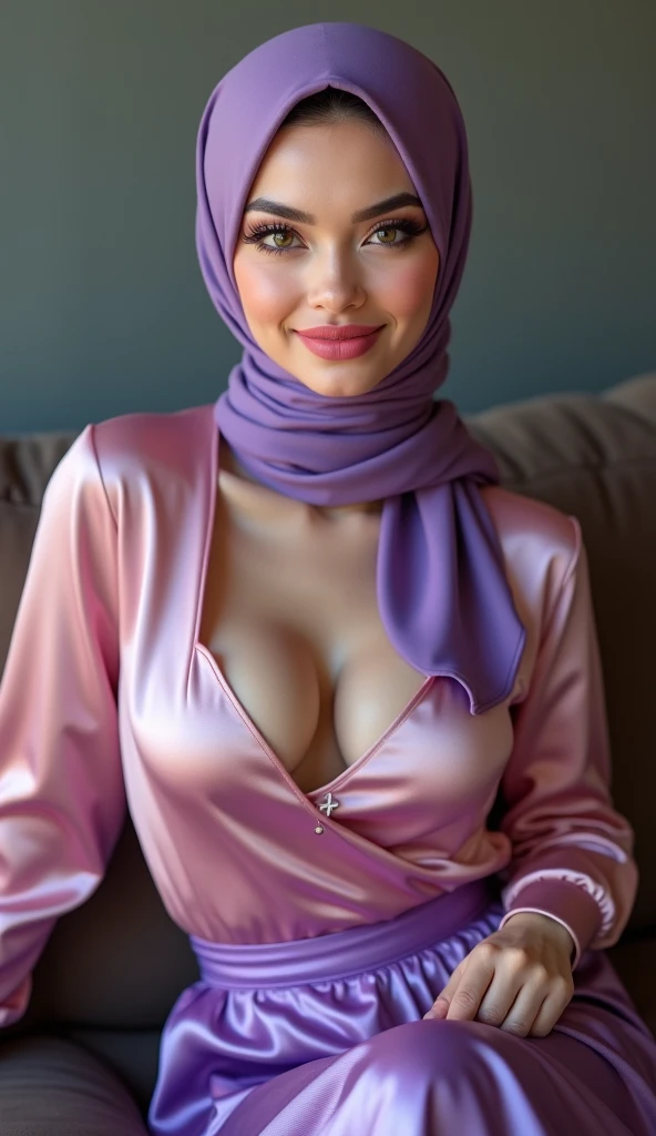 (HIJAB), from behind, Bust shot,  Upper body, strapless  colorful  bra, 1 girl with a beautiful face, European Beautiful Woman, (top quality, masterpiece, super high resolution, (Photoreal: 1.4), soft large breasts, luxurious interior, beautiful lighting), smile, seductive pose, HUGE BREASTS, HEAVY BREASTS, HUGE NIPPLES 