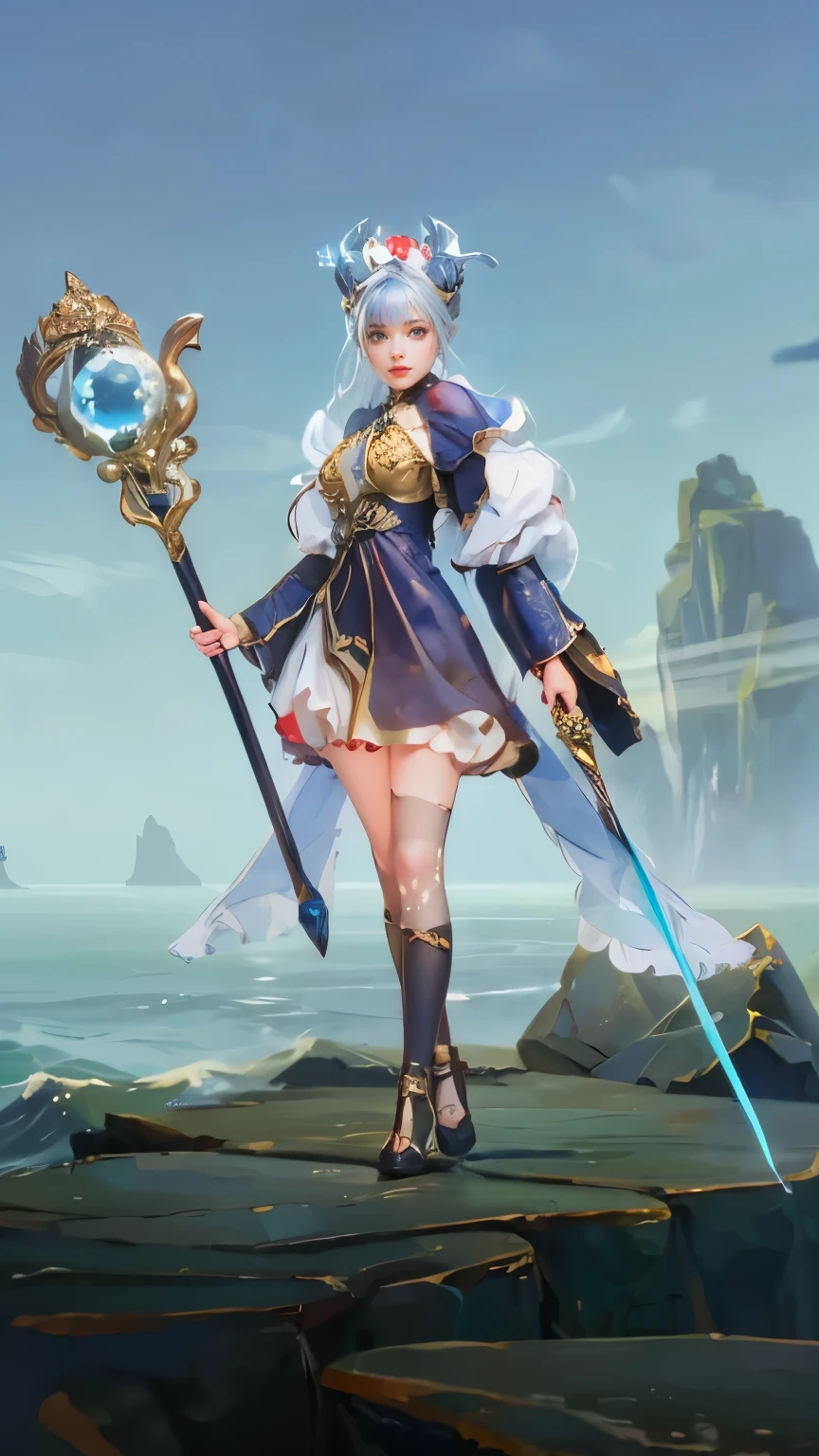 a female character with long, flowing silver hair adorned with intricate headgear featuring blue antler-like ornaments and a red jewel. She wears a navy blue and gold outfit with celestial patterns and fur-trimmed sleeves, giving her an elegant and mystical appearance. She holds a staff with a dragon-shaped ornament encircling a glowing blue orb in one hand, while the other hand wields a glowing blue sword. The character stands confidently on rocky terrain with a serene ocean and a clear sky in the background, emphasizing a majestic and fantasy-inspired theme.