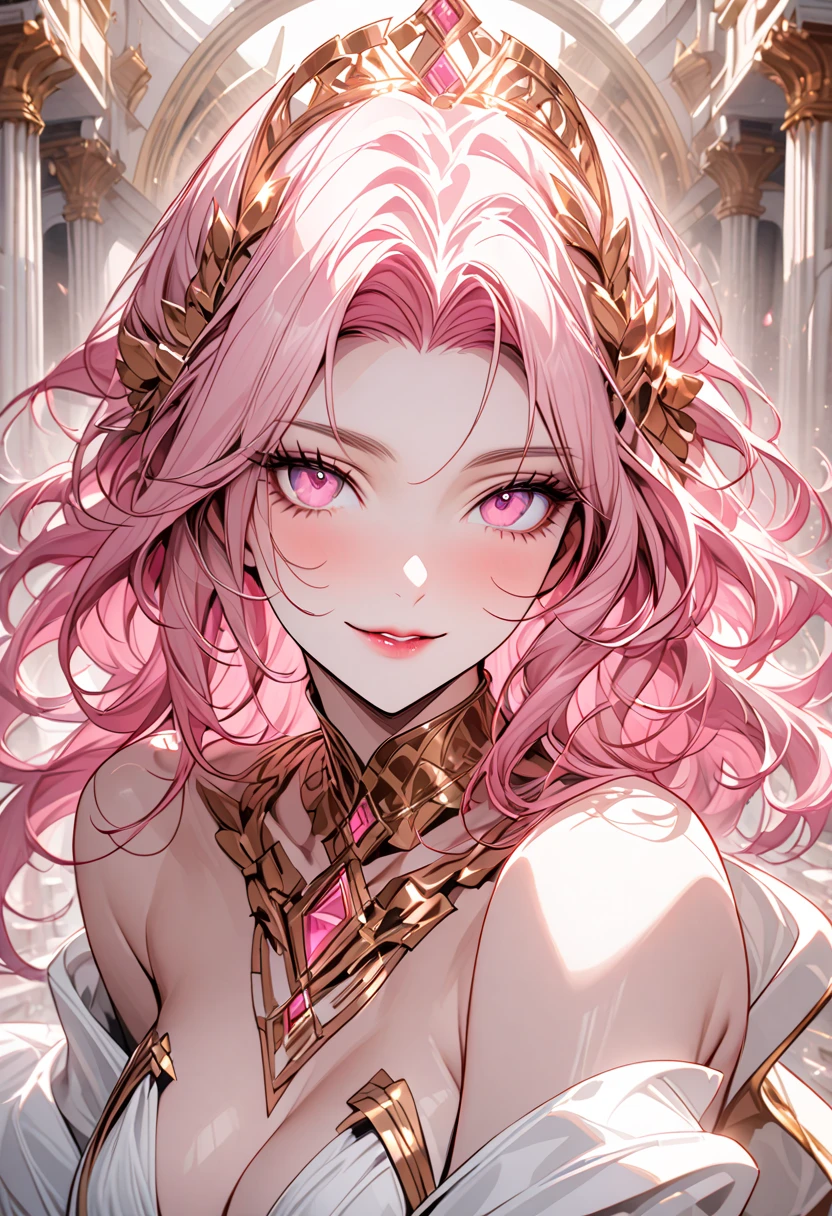 (masterpiece, highest quality), intricate details, thin, ((slim)), beautiful girl, light pink hair, white skin, light purple eyes, sharp jaw line, cropped jacket, messy hair, lips, Upper body, close, grin