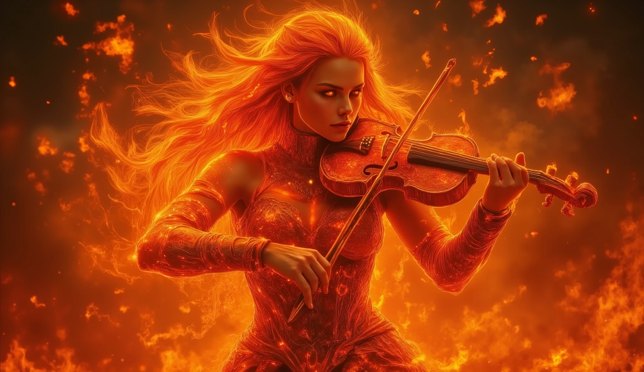 "A fiery goddess surrounded by swirling, intense flames. Her long hair is made of dancing flames, and her skin glows like molten lava. She wears armor forged from glowing embers, and her eyes are like burning embers. She plays a violin made of fire and smoke, with embers falling from her as she moves. The background is a blazing fire, with bright oranges and reds illuminating the scene."
