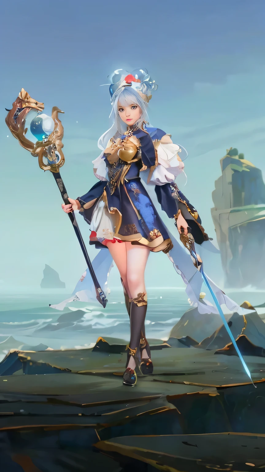 a female character with long, flowing silver hair adorned with intricate headgear featuring blue antler-like ornaments and a red jewel. She wears a navy blue and gold outfit with celestial patterns and fur-trimmed sleeves, giving her an elegant and mystical appearance. She holds a staff with a dragon-shaped ornament encircling a glowing blue orb in one hand, while the other hand wields a glowing blue sword. The character stands confidently on rocky terrain with a serene ocean and a clear sky in the background, emphasizing a majestic and fantasy-inspired theme.