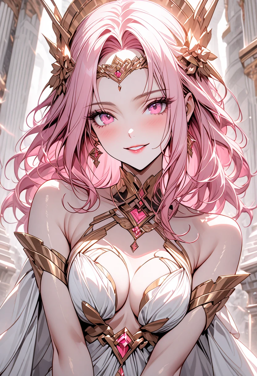 ((highest quality)),(ultra high resolution),(Super detailed),(detailed description),((best CG)),(best work of art),super precision art,amazing drawing art,(Art with precise details:1.5), (lady:1.8),(beautiful and well-shaped face:1.5),smile:1.5,(A gorgeous, pink rococo dress with intricate details.:1.5),(Tiara with sparkling jewels:1.4),