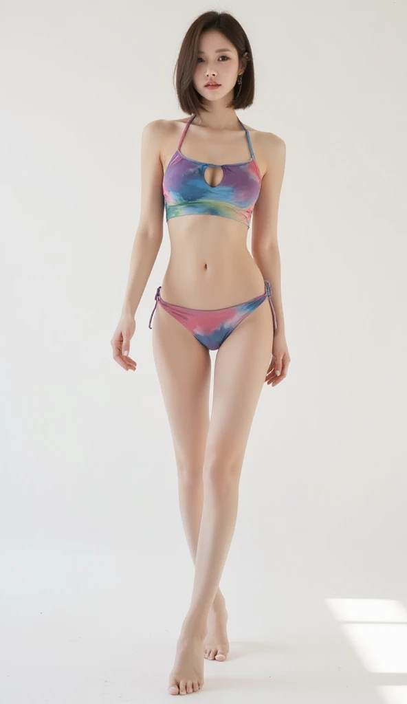 two japanese 160cm 20years-old women are standing in front of a colorful background with some lines, standing split, 1girl, split, censored, navel,bikini swimwear,skinny body,small breasts,colorful bikini swimwear,,