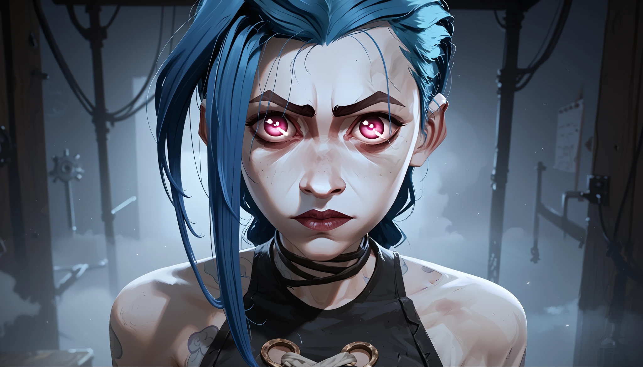 snucleus_9,snucleus_8_up,nucleus_7_up,Jinx, in a mystical style  ,1girls  ,  blue hair, бра visible through  clothes , breast,  darkness,  face close-up,  dark room, smog, fog,  Dark Composition , red and blue tones, in a mystical style  ,1girls  ,  very sexy, cheerful,  glowing eyes, pink flashes from the eyes,  purple-pink eyes,  cleavage  ,  clothes  , , only, improve,  long hair ,  looks at viewer  , One, One , Jinx из Аркейна сидит в старой комнате в городе-дистопии,  detailed background ,  ruined room, workshop,