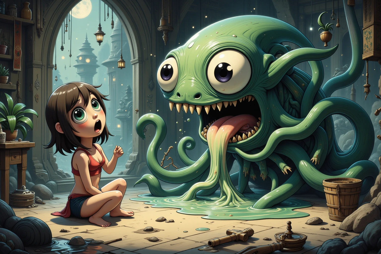 A giant transparent slime monster absorbs a human woman into its body.、Devouring her clotheelt it。Dark fantasy、Dungeons、Detailed anatomy、Slimy tentacles、Sticky texture、Surreal、Striking colors、Cinematic lighting、Dramatic atmosphere、Intricate details、Photorealistic、8k、Very detailed、masterpiece