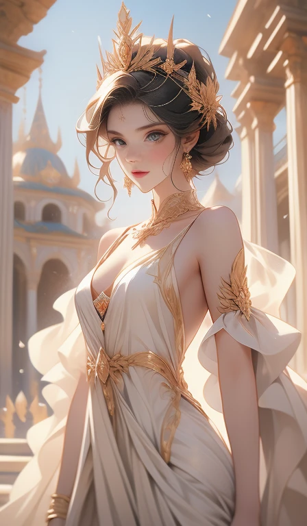 ((best quality)), ((artwork)), ((extremely detailed face)), ((perfect lighting)), ((extremely detailed CG)), ((perfect hands, perfect anatomy)), Sex/Gender= Female
Aliases= Dawnstar, Your Grace, Princess
Age= 20
Pronouns= Her/She
Hair= Pure White, quite long, abundant
Eyes= Light blue, luminescent
Features= Lean, curvy, younger, exceedingly beautiful, delicate features, full lips, chocolate brown skin tone
Height= 5'5"
Clothing= Long sleeveless white dress greek style, wide gold necklace around her body to the waist.]
