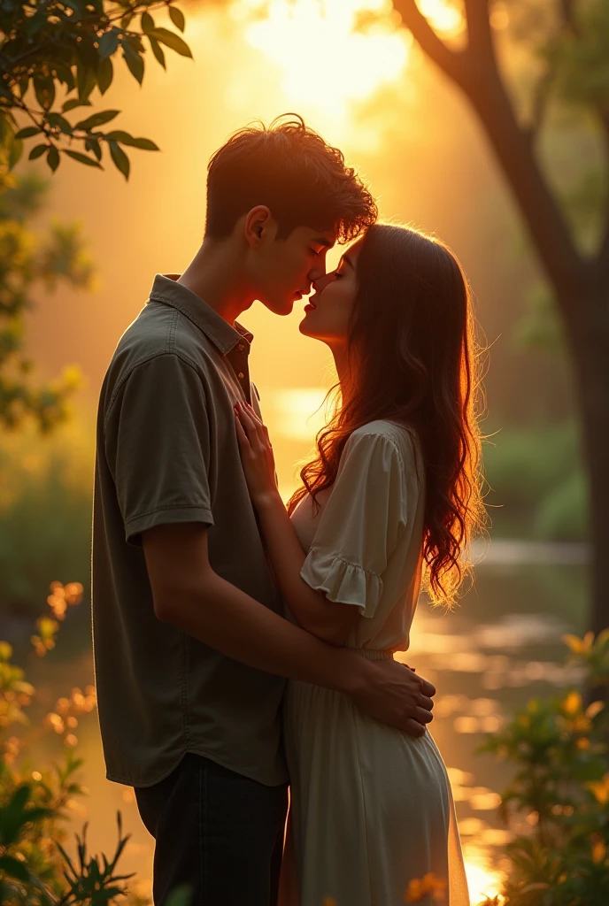 Grown up boy kissing a girl during dawn agai nst the bark of. Holding her waist and butt
Tree..