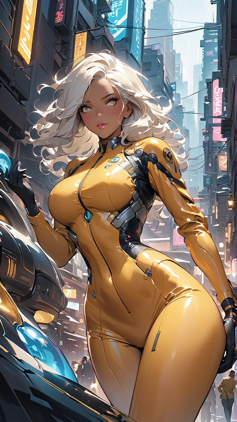 joli, Femme, visage sexy, Les yeux jaunes, cheveux blancs, corps mince, pose sexy, collants roses, mecha, neon sign, night city led, vue d'en haut, High quality, Realistic, beautiful light, Full detail, Fond noir