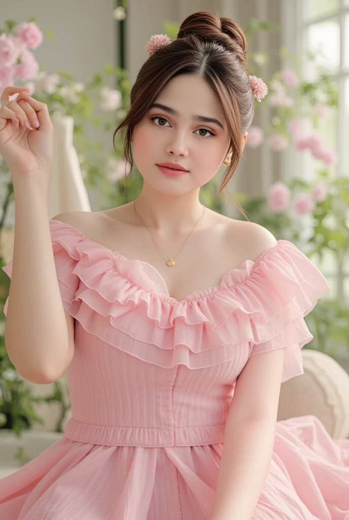 8K, ultra hd, masterpiece, 1 girl, (good face:1.4), detailed eyes, long hair, impressive hairstyle, earings, necklace, small breasts, (pink dress:1.5), see-through, (fantasy dress:1.5) Light-colored foundation brings out the transparency of the skin, (in the wonderland:1.5), mystery, diwali lights, glowing lights, very decoration, The lights falls like water, perfect front body,