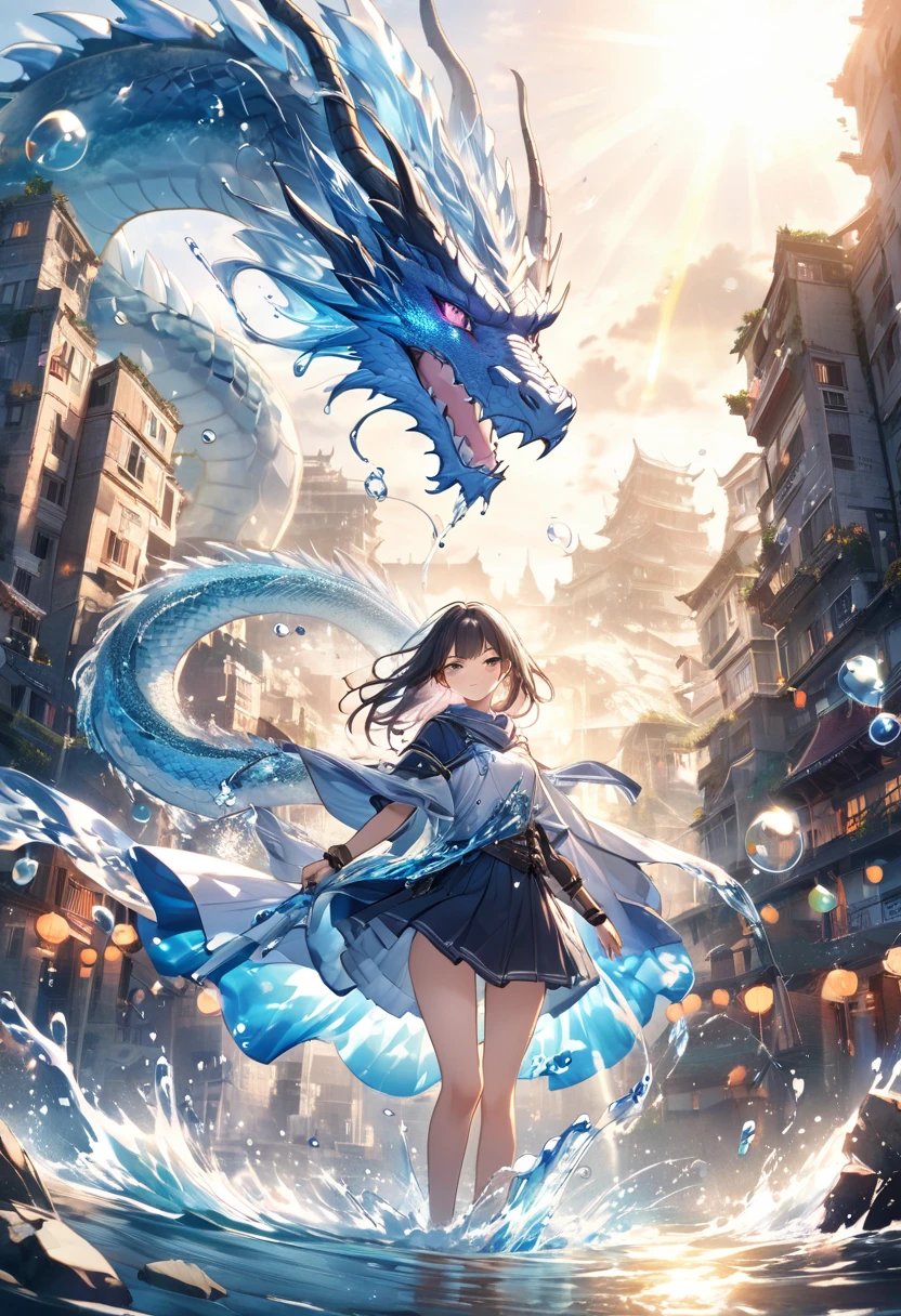 Un heros habille comme un nomade avec un sac au dos,qui a le pouvoir d'invoquation, et ses cote une invocation fille draconique se tenant pres de lui, dans un environement incroyablement beau