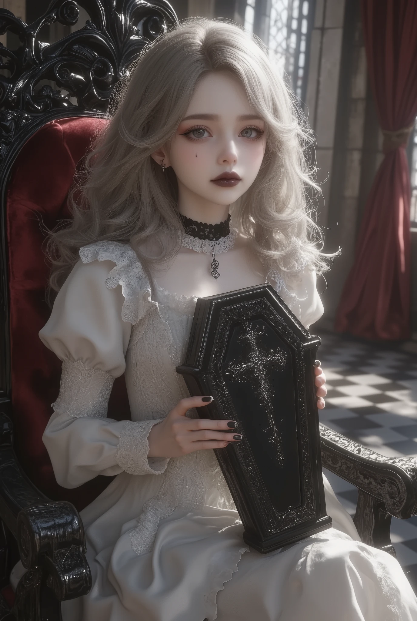 A gothic ta girl sits elegantly on an ornate gothic chair placed in a gothic-style room. She holds a small coffin about the size of her head with both hands, the coffin decorated with a cross symbol in its center. She has long, curly blonde hair and wears a white gothic loliress featuring intricate frills and lace. A black choker with a pendant accentuates her pale skin, and her dramatic makeup, including black lips, adds to her mysterious aura. Her calm and composed expression complements the solemn atmosphere. The room features stone walls, a stained glass window casting soft light, red velvet curtains, and a checkered black-and-white floor. Rendered in Glow Effect and Dynamic Lighting, the scene is ultra-detailed and high quality in 8k resolution.