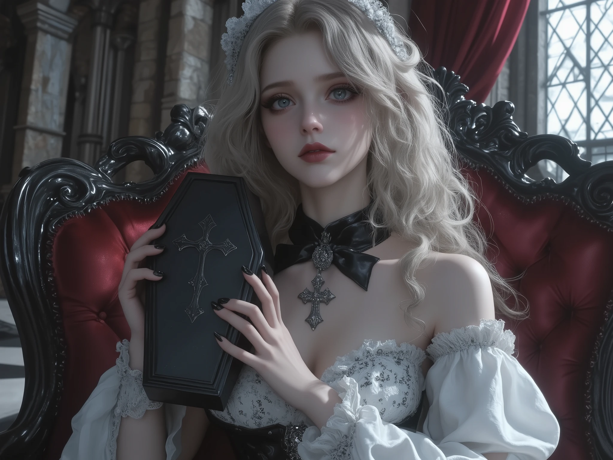 1girl(gothic ta style, sitting elegantly on an ornate gothic chair, holding a coffin about the size of her head with both hands, coffin adorned with a cross symbol in the center, long curly blonde hair, wearing a white gothic loliress with frills and lace, black choker with pendant, pale skin, dramatic makeup with black lips, calm and composed expression), gothic room(background with stone walls, stained glass window casting soft light, red velvet curtains, checkered black-and-white floor, ornate gothic chair on the left side), Glow Effect, Dynamic Lighting, ultra-detailed, high quality, 8k resolution