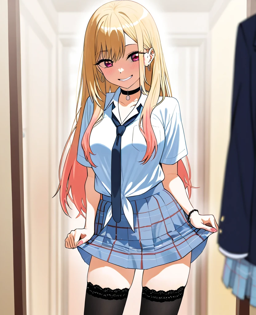 High school girl, gal, blonde, grin, full view of panties, underwear pink panties