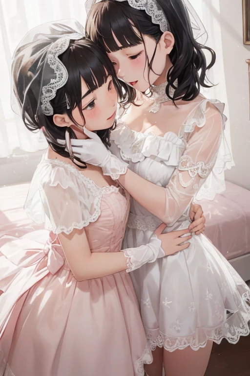 (2 girls kissing、)Licking fingers、Black Hair、(See through)、(Old wooden house in the countryside)、transparent white dress, (My body is soaked..5)、Long wavy hair and super short bob hair、Realistically、(Two girls hugging each other), ((They are )), ((Gross 5.5)), ((She is wearing a transparent white dress)), Accentuate your cleavage,Looking up from below,blush,moist pink lips,sexly,Own,Please open your mouth wide、Place your arms behind your head、long gloves,veil,ータ風のヘッドドレス, メイドヘッドアクセサリー, bedroom,at the night