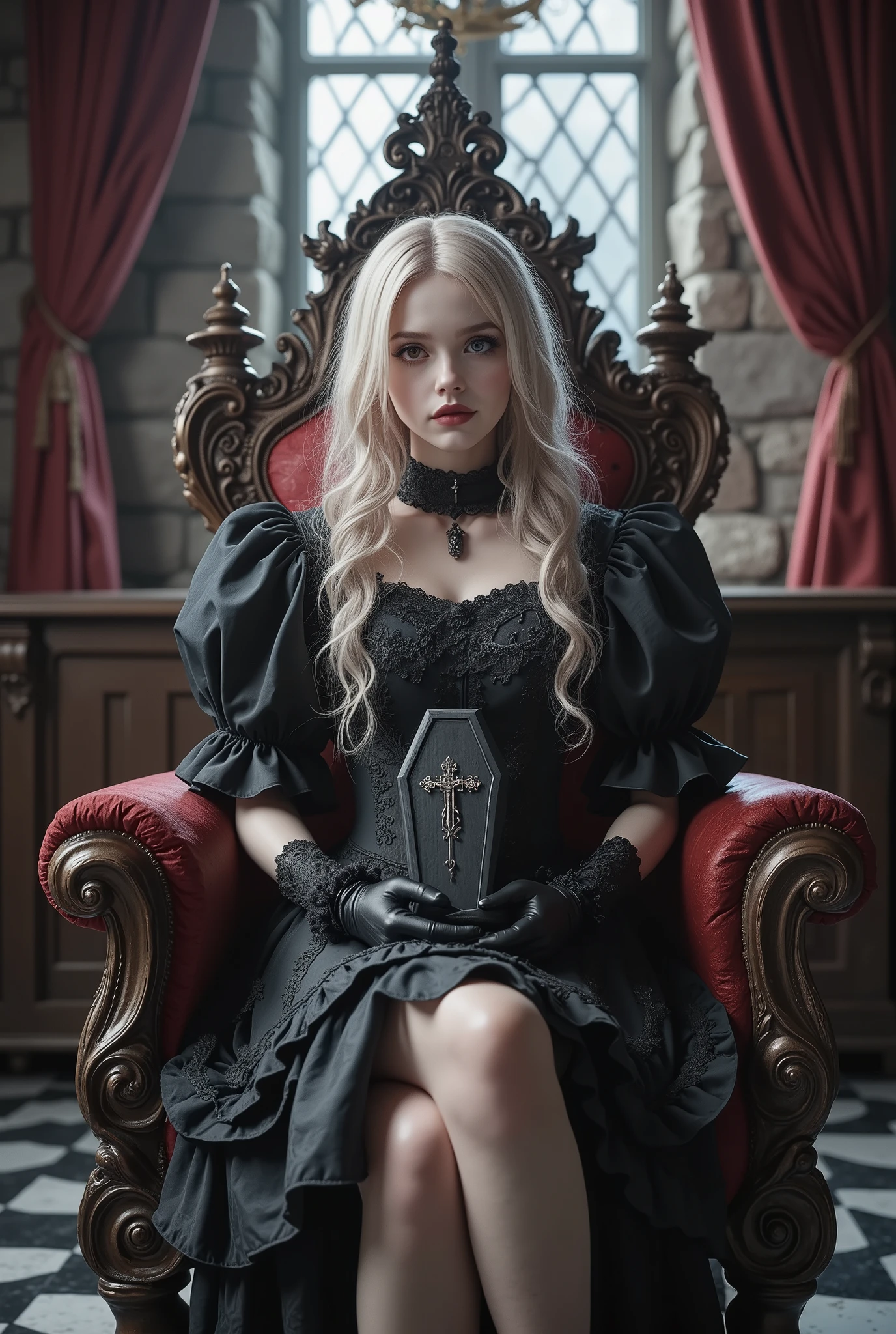 A gothic ta girl sits elegantly on an ornate gothic chair placed in a gothic-style room. She holds a small coffin about the size of her head with both hands, the coffin decorated with a cross symbol in its center. She has long, curly blonde hair and wears a black gothic loliress featuring elaborate frills, lace, a high collar, and dramatic puffed sleeves. She also wears black gloves and a black choker with a pendant, complementing her pale skin and dramatic makeup, including black lips, which adds to her imposing presence. Her calm and composed expression enhances the solemn atmosphere. The room features stone walls, a stained glass window casting soft light, red velvet curtains, and a checkered black-and-white floor. Rendered in Glow Effect and Dynamic Lighting, the scene is ultra-detailed and high quality in 8k resolution.
