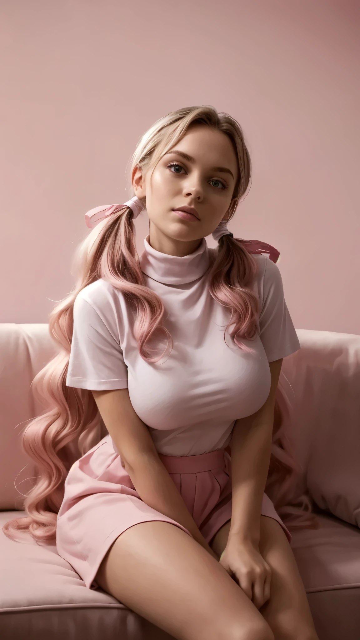 (best_quality, masterpiece:1.2), (highly detailed), (4k, 8k, uhd, high_resolution, highres), girl, (cute), sitting, leaning forward, head tilt, pull up shirt, turtleneck shirt, fluffy material, very short sleeve, (white outfit), huge breasts, sexy expression pose, long wavy hair, loose hair, pink ribbon, looking at viewer, (long twintails:1.2), on couch, pink couch, pink backdrop, harmonious pink color theme, low contrast, dingdall effect, soft lighting,