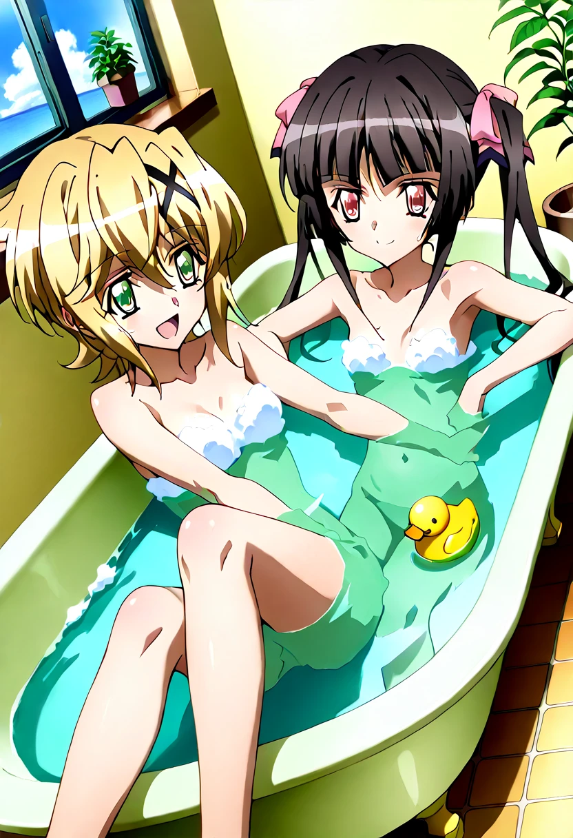 Blonde girl wearing a white bikini tickled everywhere in a bathtub by other girls,3girls,hands on torso,soap suds,laughter,eyes closed,Masterpiece