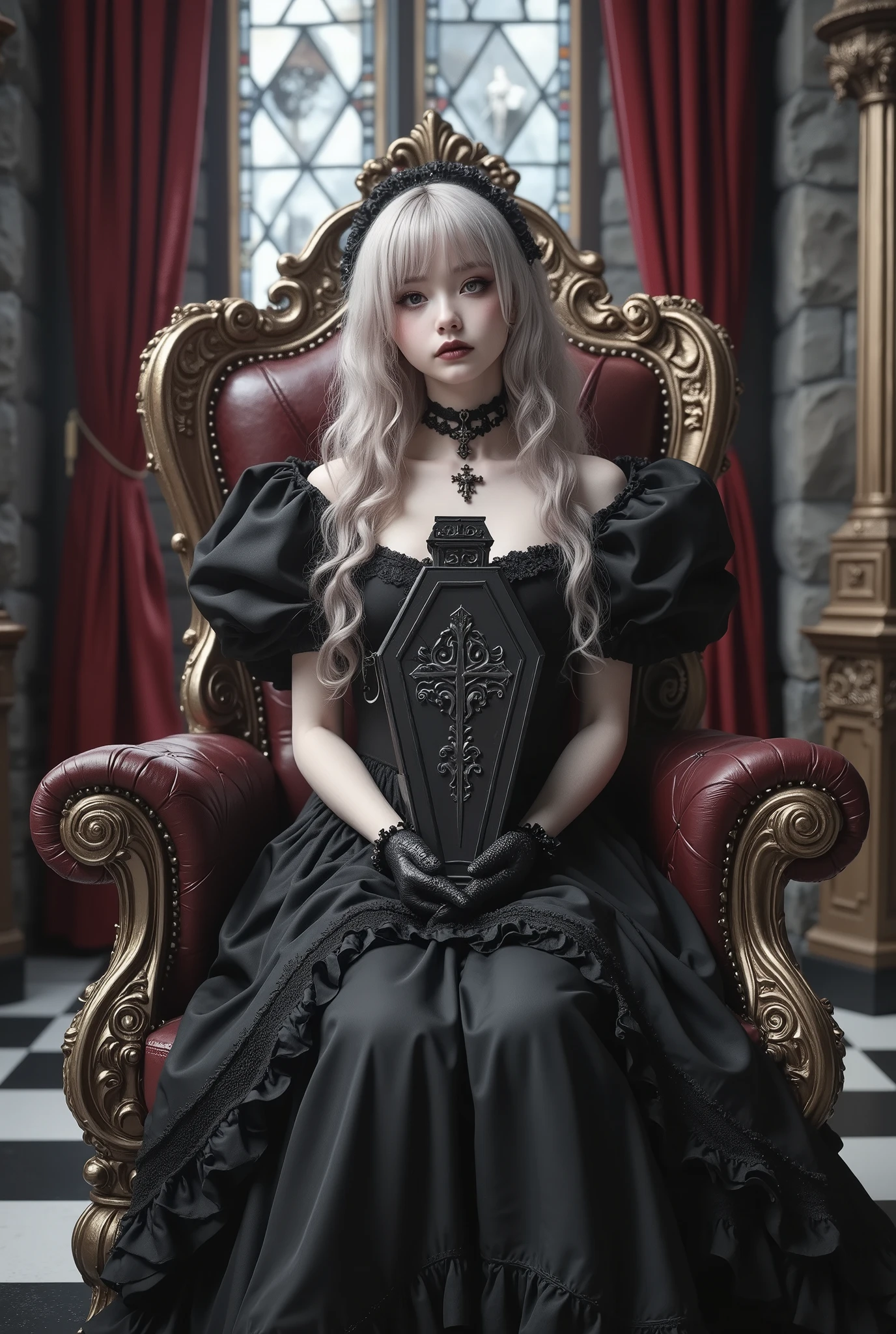A gothic ta girl sits elegantly on an ornate gothic chair placed in a gothic-style room. She holds a small coffin about the size of her head with both hands, the coffin decorated with a cross symbol in its center. She has long, curly blonde hair and wears a black gothic loliress featuring elaborate frills, lace, a high collar, and dramatic puffed sleeves. She also wears black gloves and a black choker with a pendant, complementing her pale skin and dramatic makeup, including black lips, which adds to her imposing presence. Her calm and composed expression enhances the solemn atmosphere. The room features stone walls, a stained glass window casting soft light, red velvet curtains, and a checkered black-and-white floor. Rendered in Glow Effect and Dynamic Lighting, the scene is ultra-detailed and high quality in 8k resolution.