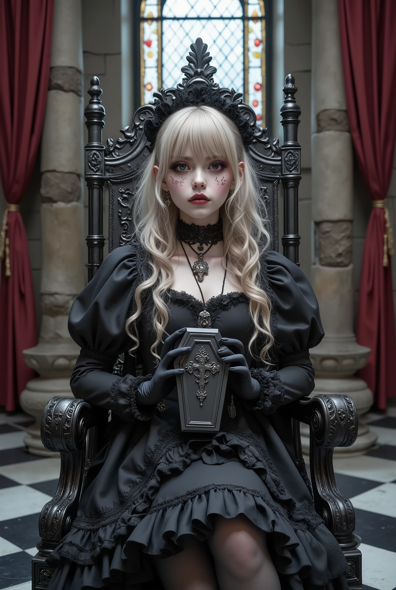 A gothic ta girl sits elegantly on an ornate gothic chair placed in a gothic-style room. She holds a small coffin about the size of her head with both hands, the coffin decorated with a cross symbol in its center. She has long, curly blonde hair and wears a black gothic loliress featuring elaborate frills, lace, a high collar, and dramatic puffed sleeves. She also wears black gloves and a black choker with a pendant. Her pale skin is accentuated by dramatic visual kei-inspired makeup, including bold eyeliner, smoky eyeshadow, intricate patterns around her eyes, and dark lipstick, creating an intense and striking appearance. Her calm and composed expression enhances the solemn and artistic atmosphere. The room features stone walls, a stained glass window casting soft light, red velvet curtains, and a checkered black-and-white floor. Rendered in Glow Effect and Dynamic Lighting, the scene is ultra-detailed and high quality in 8k resolution.