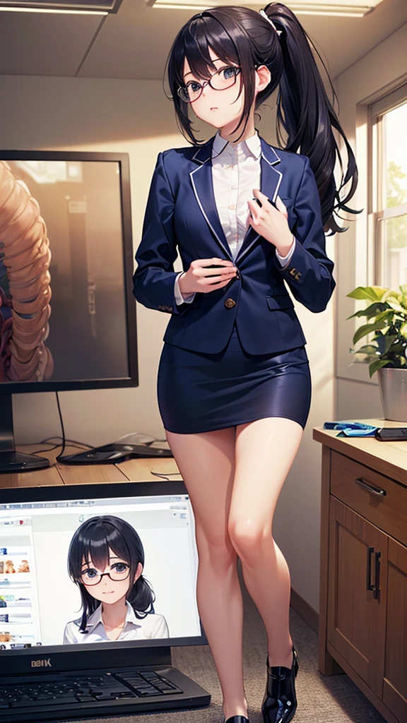 korean man, feminine, cross-dressing, middle breasts, brazier, 19 years old, business clothes with open buttons, women's panties, long hair, beautiful shiny skin, high heels, nsfw, nude, feminine body