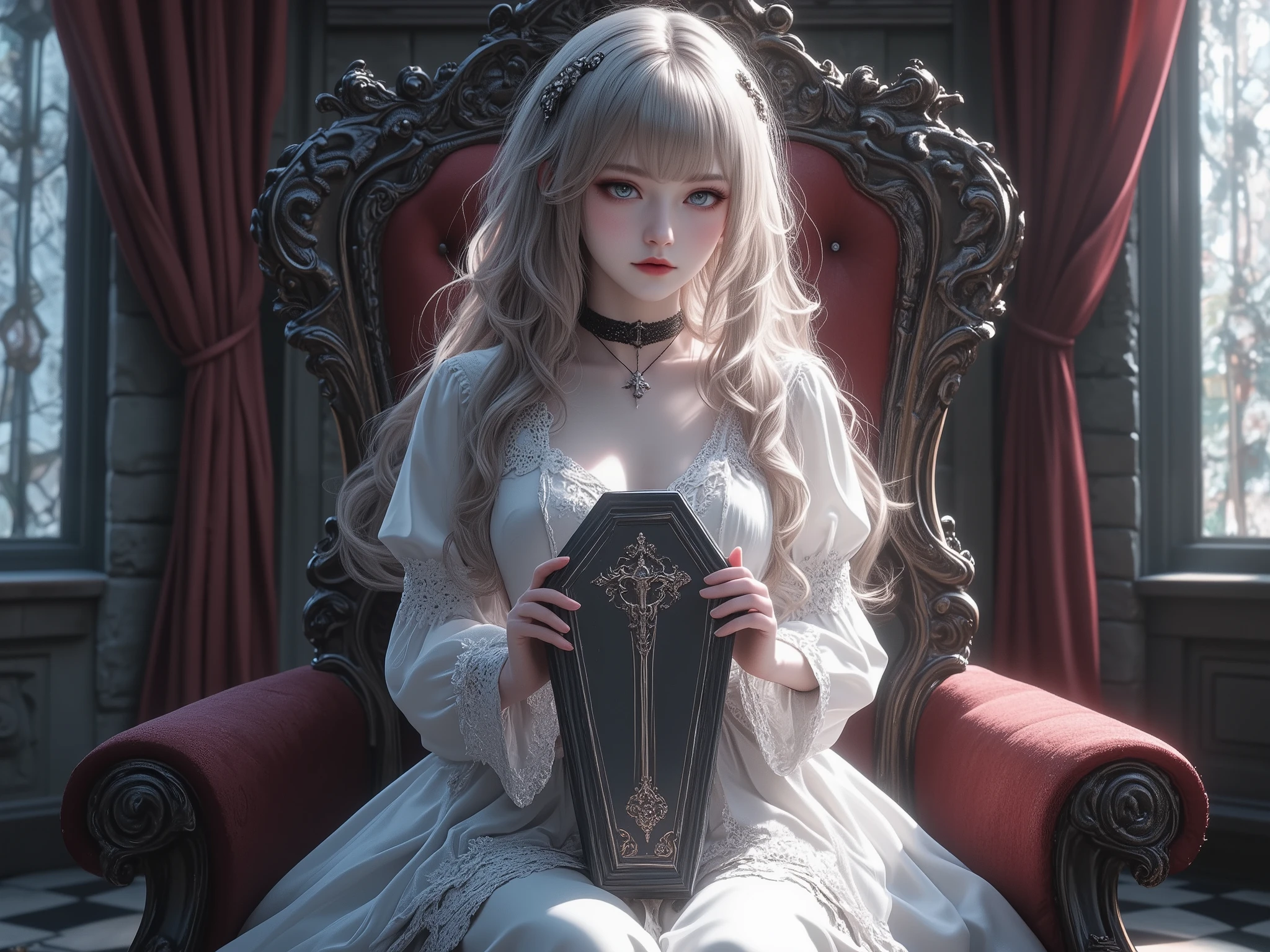 A gothic ta girl sits elegantly on an ornate gothic chair placed in a gothic-style room. She holds a small coffin about the size of her head with both hands, the coffin decorated with a cross symbol in its center. She has long, curly blonde hair and wears a white gothic loliress featuring intricate frills and lace. A black choker with a pendant accentuates her pale skin, and her dramatic makeup, including black lips, adds to her mysterious aura. Her calm and composed expression complements the solemn atmosphere. The room features stone walls, a stained glass window casting soft light, red velvet curtains, and a checkered black-and-white floor. Rendered in Glow Effect and Dynamic Lighting, the scene is ultra-detailed and high quality in 8k resolution.