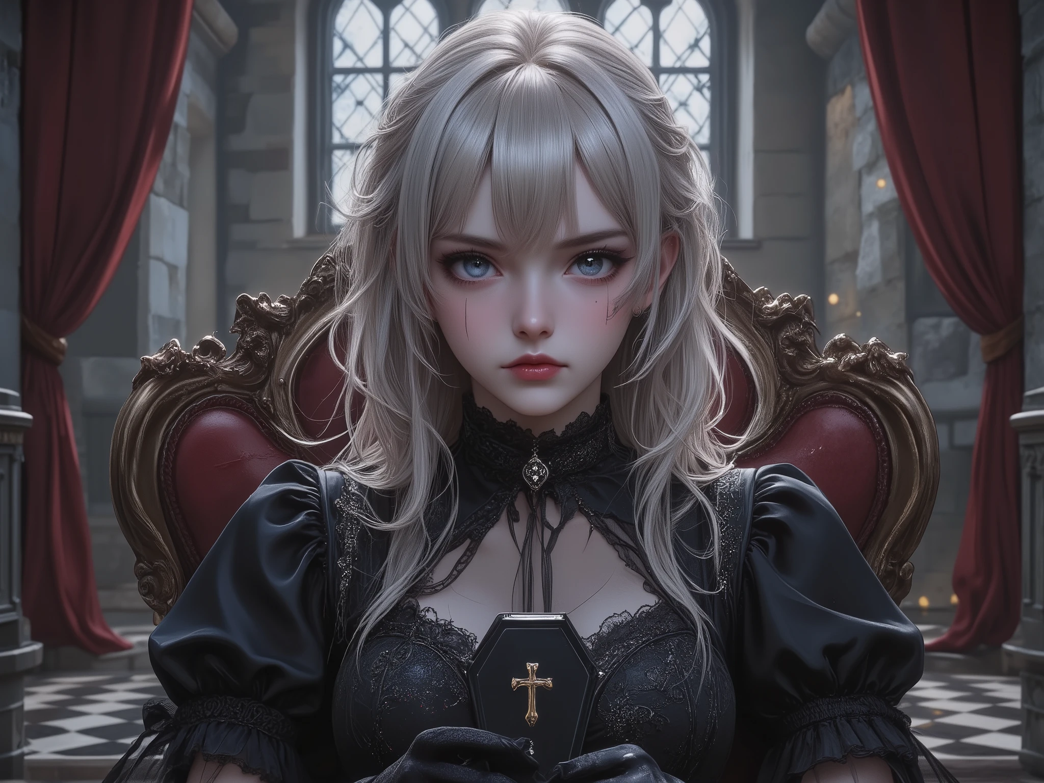 A gothic ta girl sits elegantly on an ornate gothic chair placed in a gothic-style room. She holds a small coffin about the size of her head with both hands, the coffin decorated with a cross symbol in its center. She has long, curly blonde hair and wears a black gothic loliress featuring elaborate frills, lace, a high collar, and dramatic puffed sleeves. She also wears black gloves and a black choker with a pendant. Her pale skin is accentuated by dramatic visual kei-inspired makeup, including bold eyeliner, smoky eyeshadow, intricate patterns around her eyes, and dark lipstick, creating an intense and striking appearance. Her calm and composed expression enhances the solemn and artistic atmosphere. The room features stone walls, a stained glass window casting soft light, red velvet curtains, and a checkered black-and-white floor. Rendered in Glow Effect and Dynamic Lighting, the scene is ultra-detailed and high quality in 8k resolution.