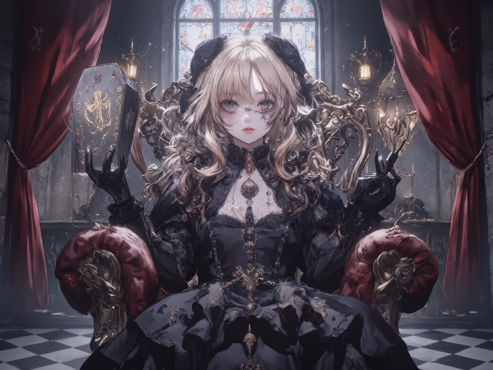 A gothic ta girl sits elegantly on an ornate gothic chair placed in a gothic-style room. She holds a small coffin about the size of her head with both hands, the coffin decorated with a cross symbol in its center. She has long, curly blonde hair and wears a black gothic loliress featuring elaborate frills, lace, a high collar, and dramatic puffed sleeves. She also wears black gloves and a black choker with a pendant. Her pale skin is accentuated by dramatic visual kei-inspired makeup, including bold eyeliner, smoky eyeshadow, intricate patterns around her eyes, and dark lipstick, creating an intense and striking appearance. Her calm and composed expression enhances the solemn and artistic atmosphere. The room features stone walls, a stained glass window casting soft light, red velvet curtains, and a checkered black-and-white floor. Rendered in Glow Effect and Dynamic Lighting, the scene is ultra-detailed and high quality in 8k resolution.