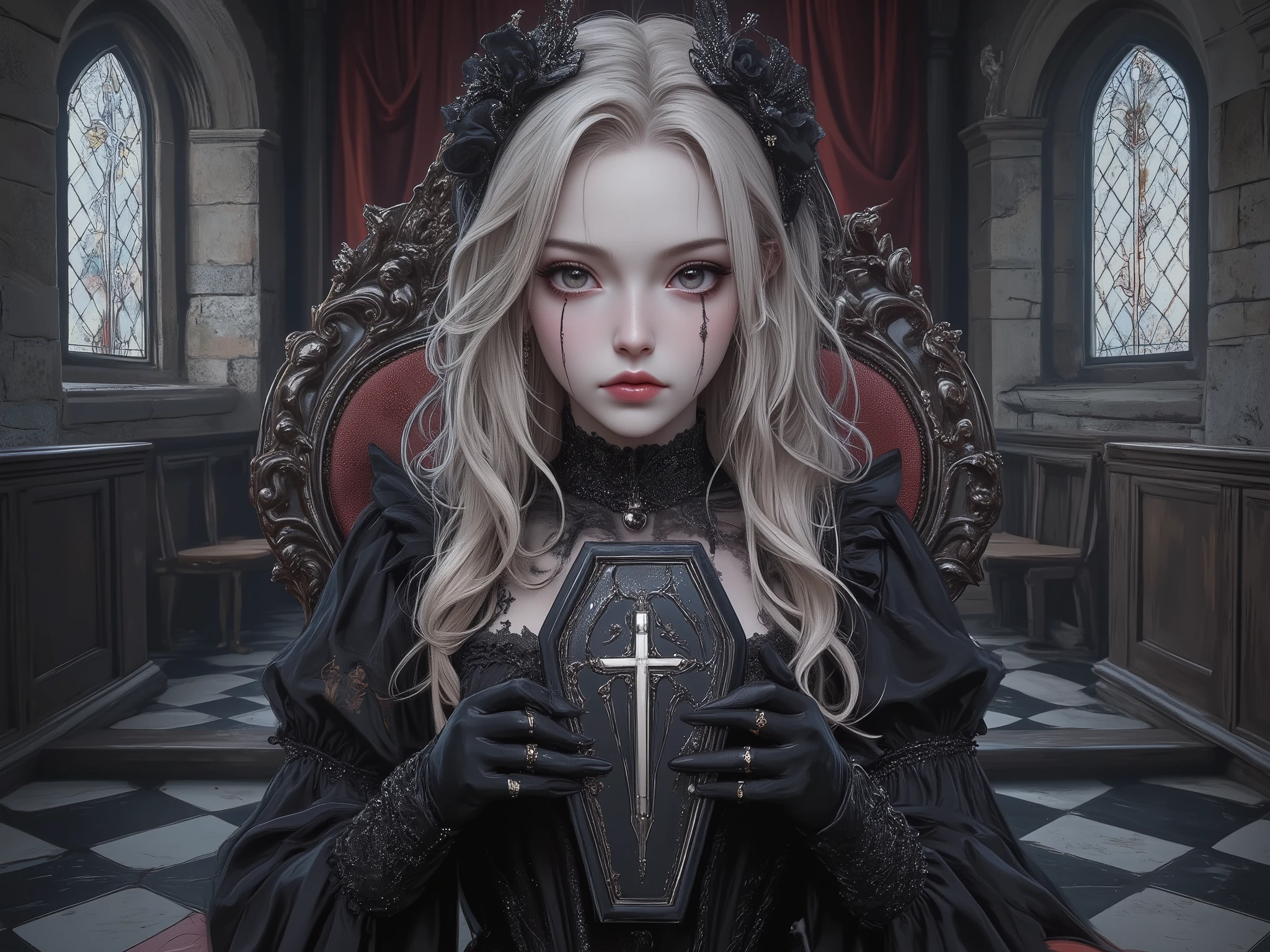 A gothic ta girl sits elegantly on an ornate gothic chair placed in a gothic-style room. She holds a small coffin about the size of her head with both hands, the coffin decorated with a cross symbol in its center. She has long, curly blonde hair and wears a black gothic loliress featuring elaborate frills, lace, a high collar, and dramatic puffed sleeves. She also wears black gloves and a black choker with a pendant. Her pale skin is accentuated by dramatic visual kei-inspired makeup, including bold eyeliner, smoky eyeshadow, intricate patterns around her eyes, and dark lipstick, creating an intense and striking appearance. Her calm and composed expression enhances the solemn and artistic atmosphere. The room features stone walls, a stained glass window casting soft light, red velvet curtains, and a checkered black-and-white floor. Rendered in Glow Effect and Dynamic Lighting, the scene is ultra-detailed and high quality in 8k resolution.