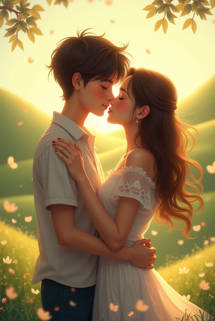 A boy and a girl are kissing in a sugarcane field