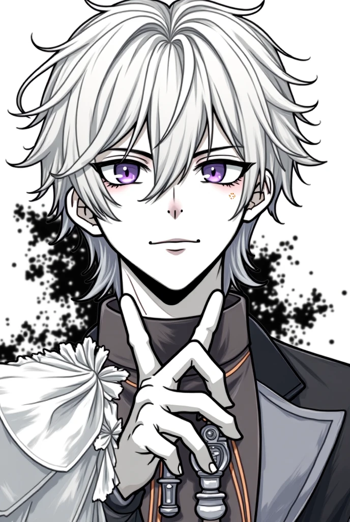 absurdres, highres, ultra detailed, HDR, master piece, best quality, extremely detailed, Dabi, white hair, expressive turquoise eyes, Boku No Hero Academia, solo, sexy man, handsome, sensual, smile, white coat, fantasy, water, sparkling, silver glittering fireflies, silver moon, silver blossoms, silver chrysanthemums, silver sparkling lights, starry sky, magical