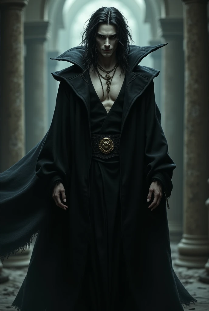 Create a vampire character Man with characteristics of the god Hermes with dark hair and black robe