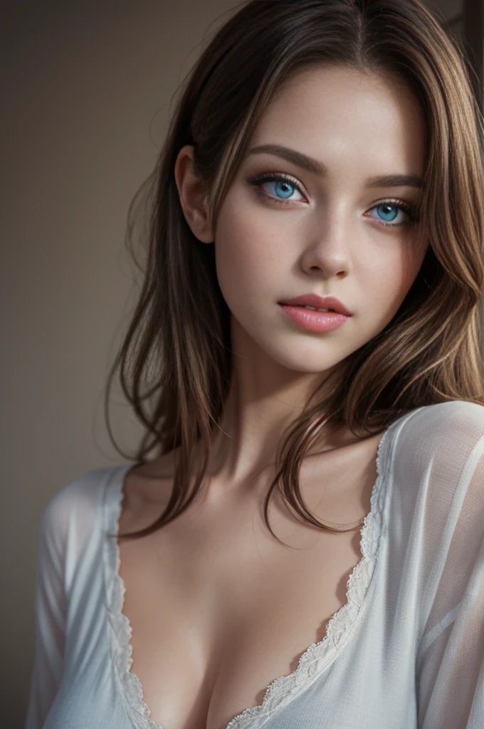 "(best quality,ultra-detailed),delicate blue eyes,shy,blushing,beautiful detailed lips,girl with delicate blue eyes and blushing cheeks,softly blushing cheeks,shyly looking at viewer,  soft lighting,portrait painting technique,vivid colors,subtle color palette"  seductive smile, waist up, large breasts, nude, nsfw, breasts fully revealedl