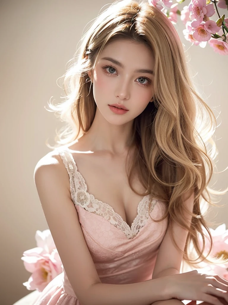 (close up of a beautiful 28 year old girl in a light pink vintage dress), movie stock photos, camera f1. 6, saturated colors, Vibrant, lifelike textures, Impressive classic lighting, Modern style, sexy full body photo, Evening, Curly hair has just been dyed light blonde
