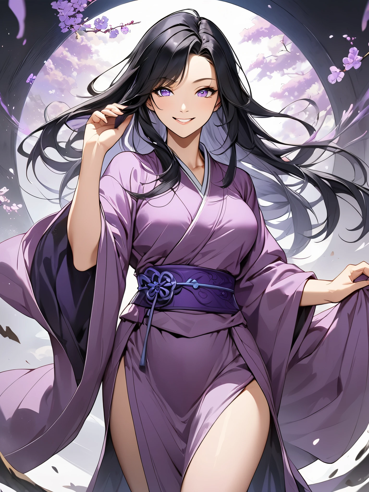 A mature chinese woman with long black hair, light purple colour traditional robe, violet colour eyes, body covered in tight ancient robe, playful and confident smile on her face, High quality anime art, high quality fantasy art