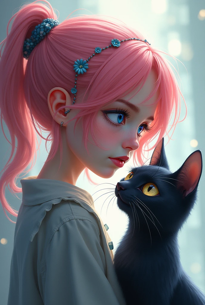 Girl with cat, black cat, Pink hair blue eyes , Avatar - Departure