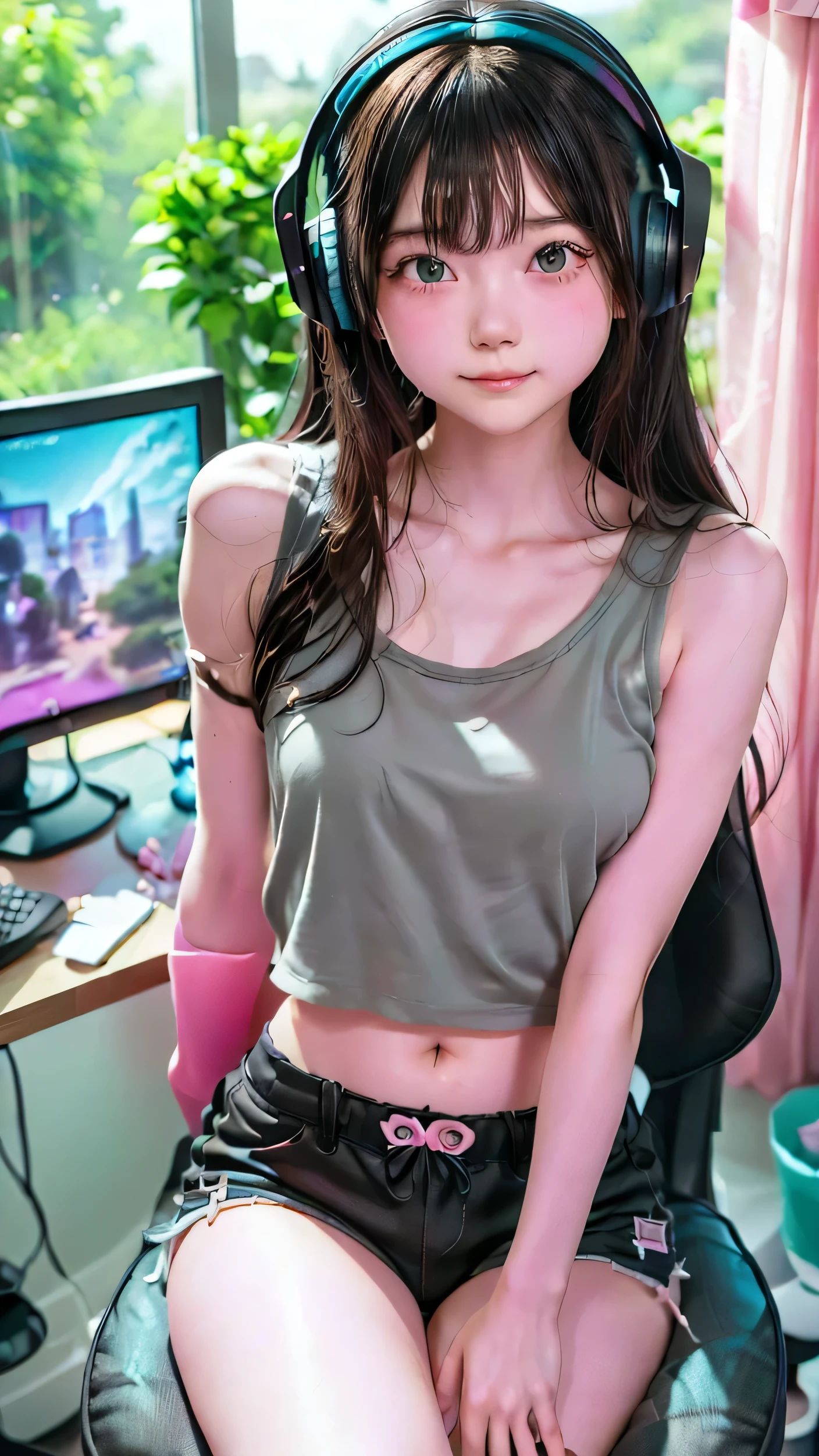 realistic, high resolution, girl, gray hair, korean, blue eyes, small moles under the eyes, revealing chest shirt, sports shorts, park, pale skin, sexy pose.