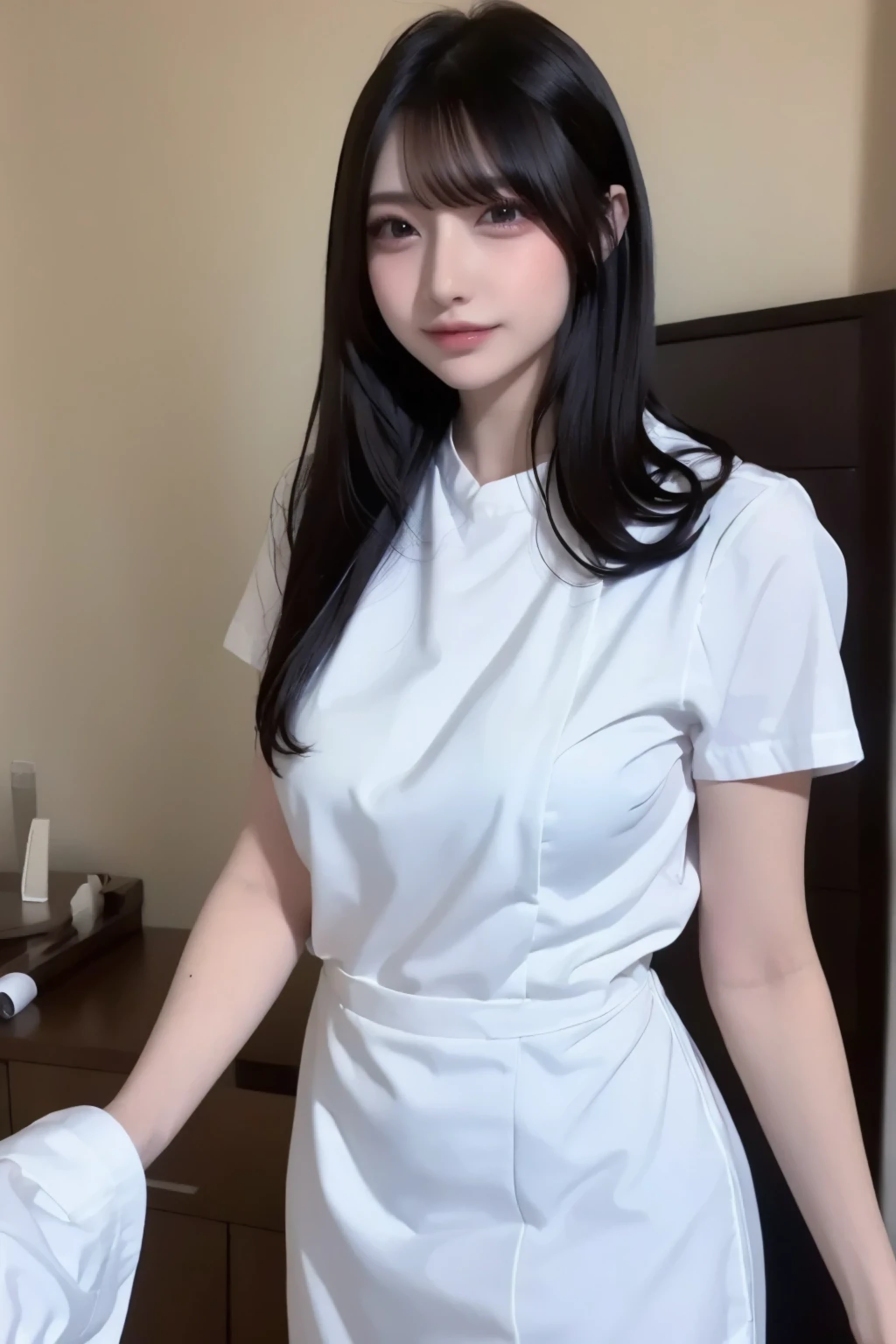 1 girl,(Wearing white Nurse clothes:1.2),( RAW photo, best quality ), ( realistic, photo- realistic:1.4), Masterpiece, so delicate and beautiful, tall Highly detailed , 2k wallpaper, wonderful, finely, tall Highly detailed CG unity 8k wallpaper, tall Highly detailed な, high resolution, Soft light, beautiful detailed, tall Highly detailed eyes and face, beautifully detailed nose, finely beautiful eyes, Nurse, perfect anatomy, black hair, Upstyle , Nurse uniform, Long Skirt, Nurse, White Outfit , thin, hospital, clear , white uniform, hospital room, Neck auscultation, bob cut、 turn the skirt upside down、20th generation、smile、 topless、 nipples are sticking out