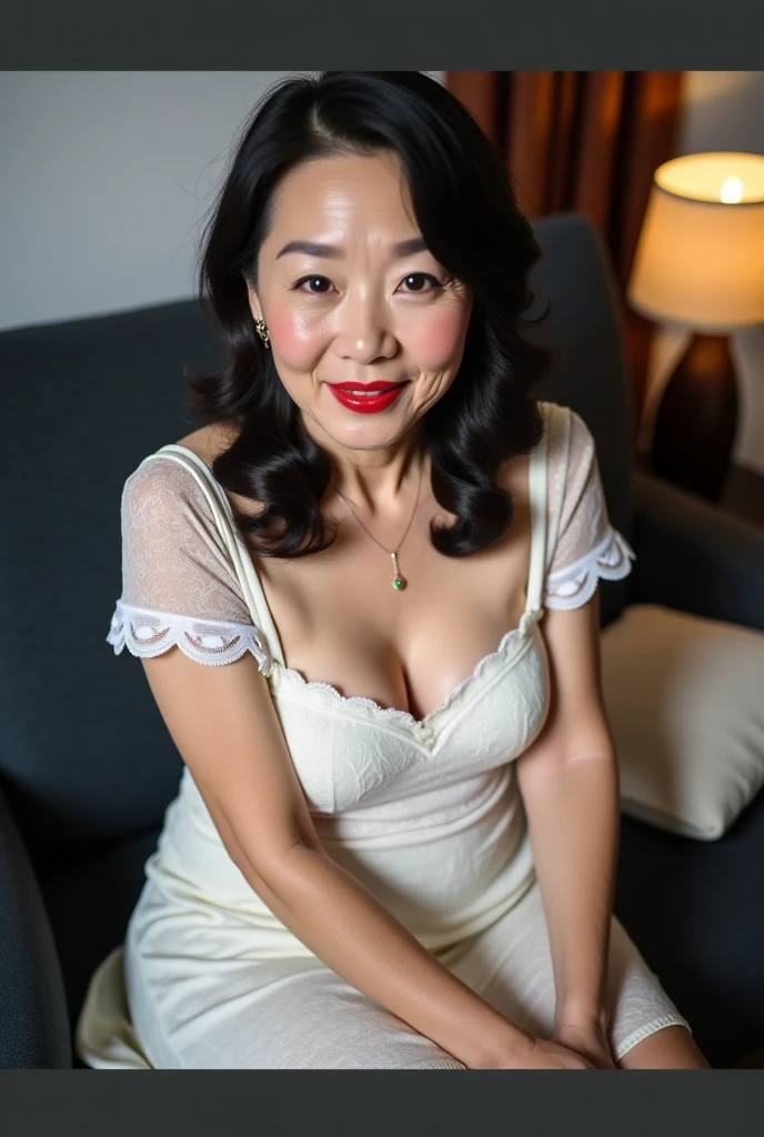 (masterpiece:1.4), (High resolution : 1.3), (Retro Photography : 1.1), ((Desaturated colors : 1.3)), (Film Grain : 1.1), (old Japanese movie), (Sitting : 1.3), (60-year-old woman:1.5),(Facial wrinkles:1.2),Captivating smile, (Long Hair : 1.1), (wearing only white bra and white pantie :1), Mature Woman, enormous saggy breasts, plump thighs, wide hips, Detailed Background, A room in a traditional Japanese house