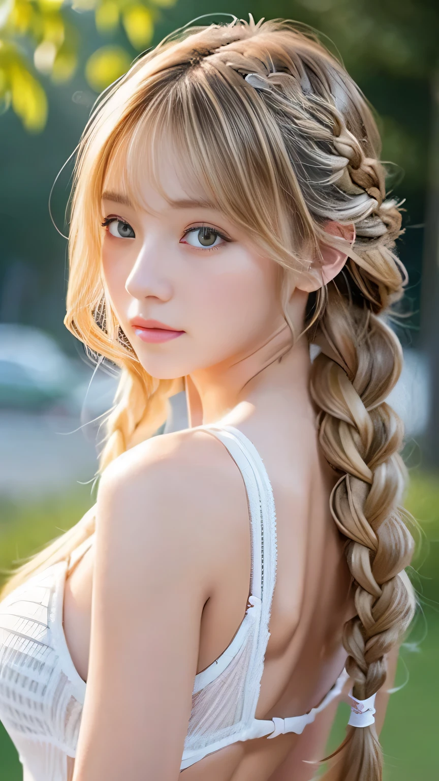 (gigantic breasts),upper body,standing,(blonde hair,twin braids,long hair),(colorful),(delicate eyes and face),solo,outdoors,sunshine,park,trees,plants,