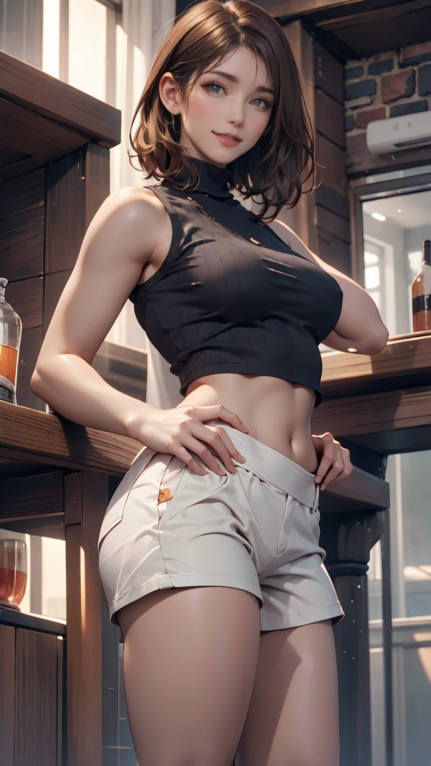 24-year-old woman、Black Hair、Iris、Hair in the eyes((hair over eyes))、Hair that hides one eye((hair over one eye))、Cropped tops((crop top))Tops、Hipbone Skirt((hipbone skirt))、Stiletto heels、Clutch bags、Put one hand on your hip、Cowboy Shot