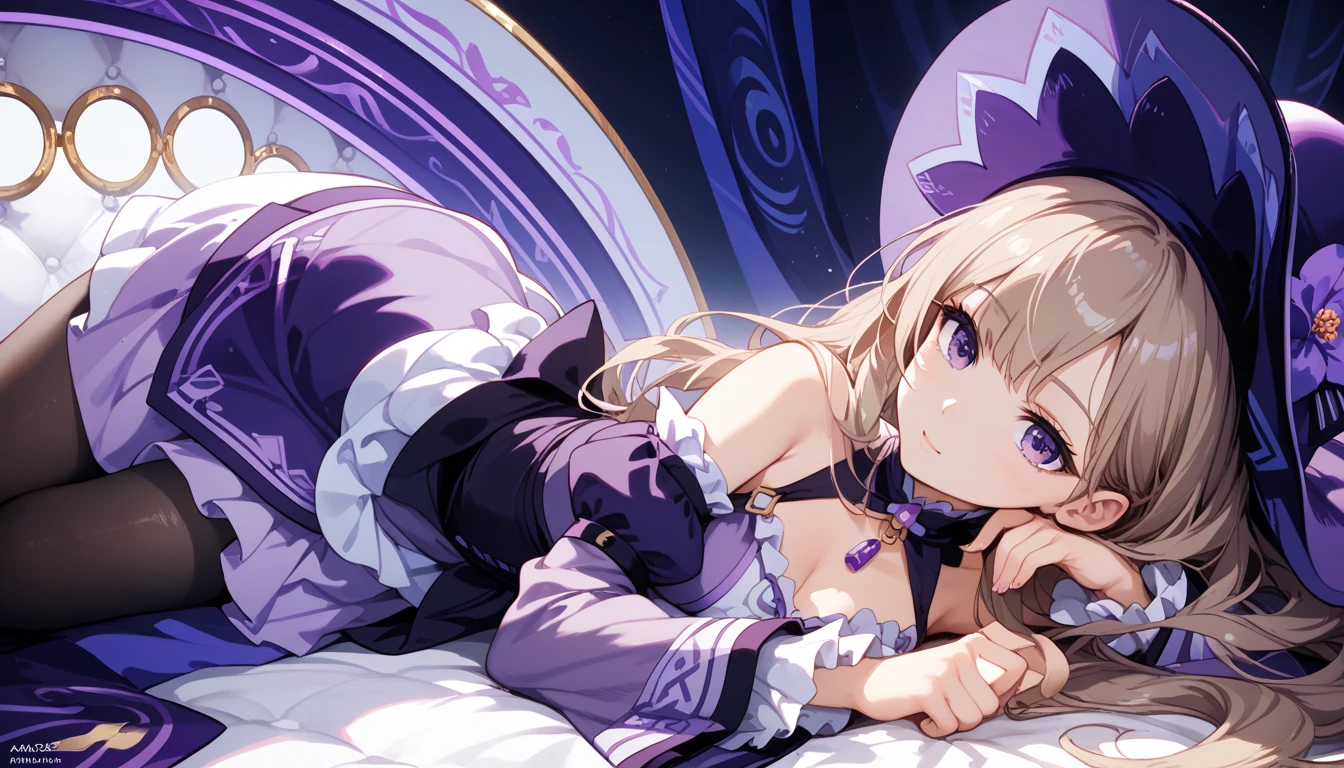 8K,best qualtiy,tmasterpiece,anime big breast,1girll,blond hairbl,cuteexpression,Gorgeous hair accessories,Head flower,a beauty girl,Slender figure,flatchest,耳Nipple Ring,choker necklace,Bust photo,Purple and white princess dress,Normal attire,Normal hands,Girl group singer,A gorgeous stage background,stage lighting,Fantasy atmosphere,frontal photos,seen from the front,(Magazines:1.3), (estilo da capa:1.3)