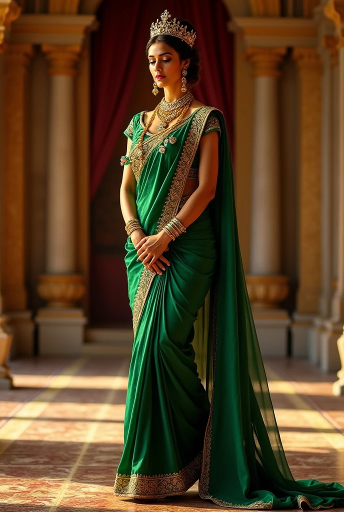 woman in a black dress exploring space, dressed in a sari, candid shot, wearing an elegant tribal outfit, close body shot, sari, wearing intricate, candid picture, traditional beauty, close portrait, bottom angle, extremely intricate, wearing elaborate green and gold, full of details, wearing a sari, very extremely beautiful, desi