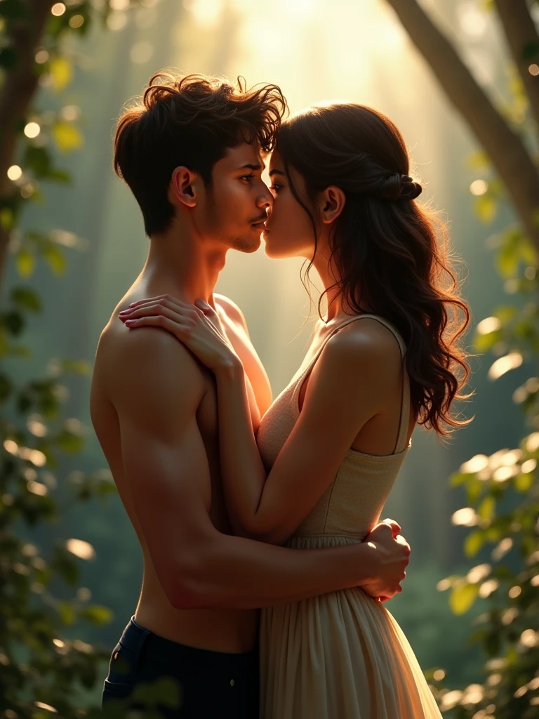 A boy with a girl .
Wearing nothing and girl in mountains.
Both loves each other .
