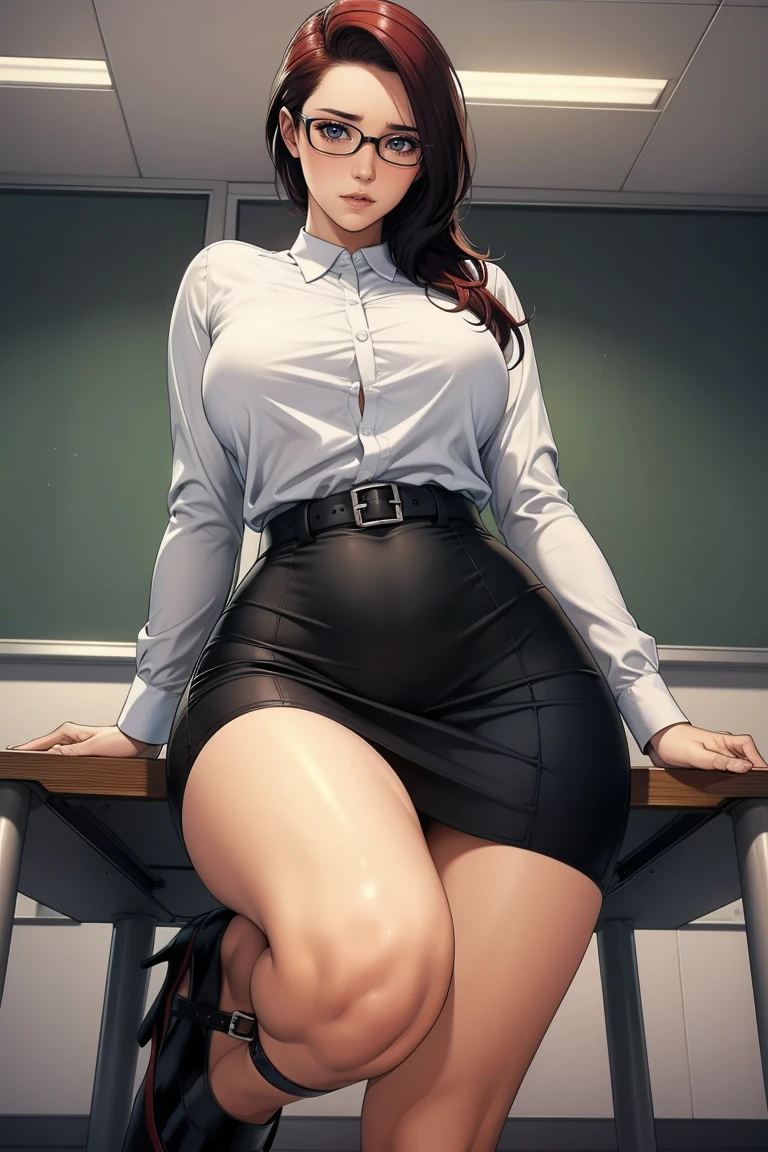 Full body wide-angle shooting, (Digital painting: 1.4), Beautiful female teacher,extremely hyper, Strong sexy body， Glasses, Big breasts, Extra-large big breasts，White shirt, Open button, Long tight black skirt, Extra long thick legs，humongous large breast，Wide big long legs, Thick long legs，Black high heels，Background, Classroom,Stand up， a chair, desks, blackboards, medium lighting , very high detail , High detail , 8K resolution，full body shot shot。