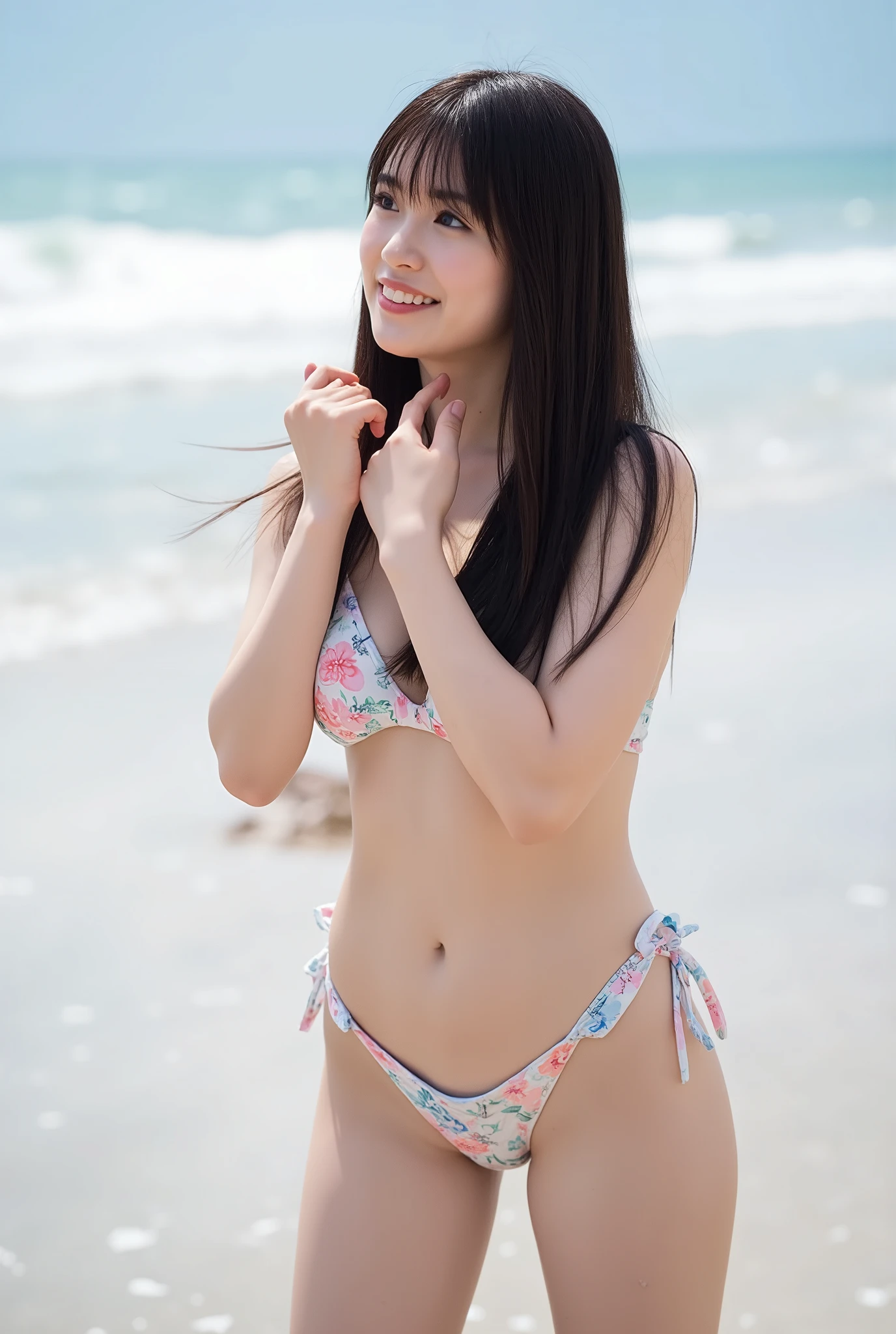 best quality 、8,Masterpiece、、 Ultra high resolution、( photorealistic:1.4)、 Original Pictures 、 1 girl、 Dark Brown Long Hair 、 shiny skin 、 wet body、Drama、whole body、 I'm wearing 、 there is a woman standing on the beach , necklaces I'm losing weight because of small things , earrings for women alone, bikini with キュートな模様,,araffe woman in a 花柄 bikini 立って水, 黄色の bikini, ゴージャス bikiniモデル, model with attractive body , bikiniモデル, エレガントな bikini, Swimsuit model, 2 Female Models , Floral print swimsuit, young Swimsuit model, 光沢のあるプラスチックの bikini, damage micro denim shorts、 Japanese model, スパンデックス bikiniを着用, bikini,, attractive body , Wet swimsuit, sexy young woman