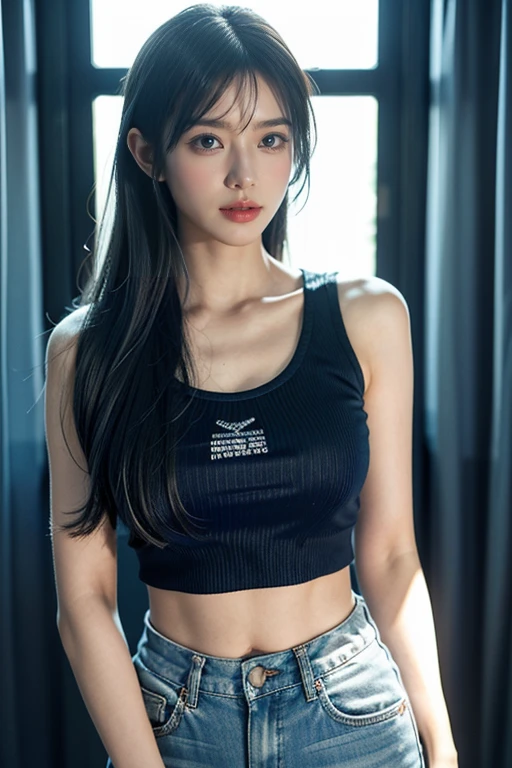 Beautiful Korean girl looks like a 4D painting, (looks), straight parted hair, bangs, ideal, blue crop top with text print, shorts, standing (window background), colorful, studio lights, soft light, dim light, 3D animation, looking at viewer, chest, blue hair,